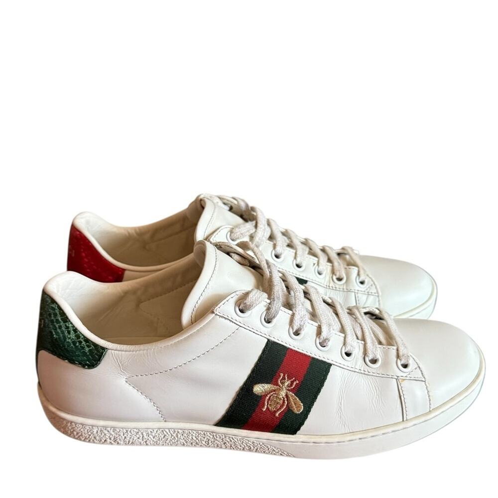 Gucci Ace White Leather Bee Embroidered Web Stripe Sneakers Low Top EU 38 US 8 - Picture 4 of 11